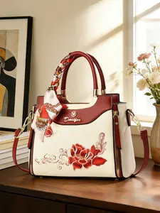 Ladies' exquisite embroidered pattern large capacity handbag, Casual handbag satchel, light luxury Kelly bag, ribbon matching, adjustable shoulder strap design, multifunctional shoulder bag, suitable for casual gatherings and shopping, multiple colors