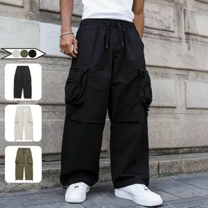 Men's Oversized Wide Leg Cargo Pants - Casual Bottoms, Plain, Multi-Pocket Utility, Drawstring Elastic Waist, Streetwear Style Single Set