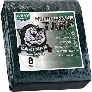 CARTMAN Finished Size 8x10 Feet Waterproof Green Tarp 8 Mil Thick, Multipurpose Protective Cover for Emergency Rain Shelter Camping Tarpaulin