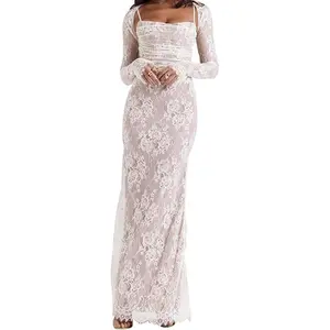 Women Vintage Cream Lace Maxi Dress Romantic Long Sleevees Lace Bodycon Dress