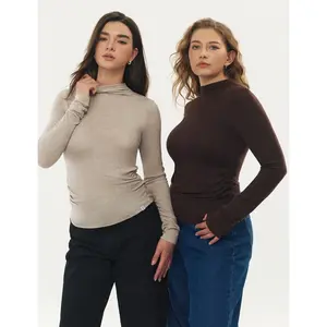 Women’s Stand Collar Long Sleeve Merino Wool Knit Slim Basic Tee Comfortable Embrace Series GARMENTARY