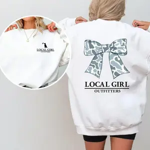 Local Girl Outfitters Bow Graphic Sweatshirt, Cute Cat and Bow Design, Feminine Apparel, Stylish Animal Lover Sweatshirt, Trendy Camo Bow Shirt