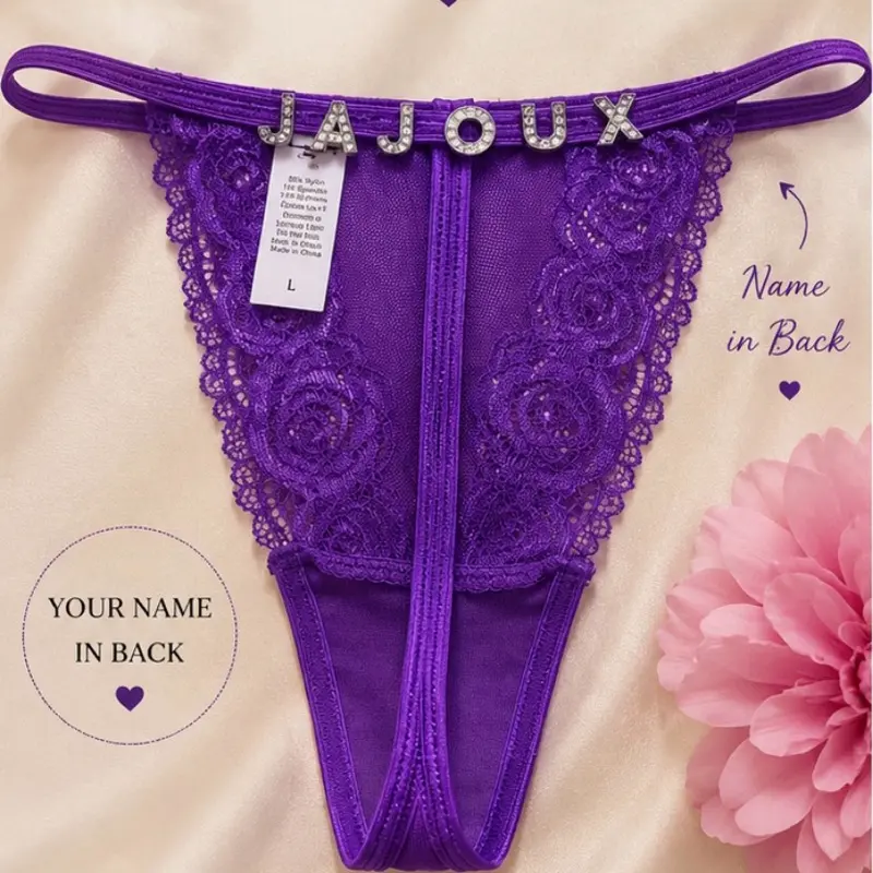 Personalized Rhinestone Name Thong, Custom Lace Lingerie for Gifting