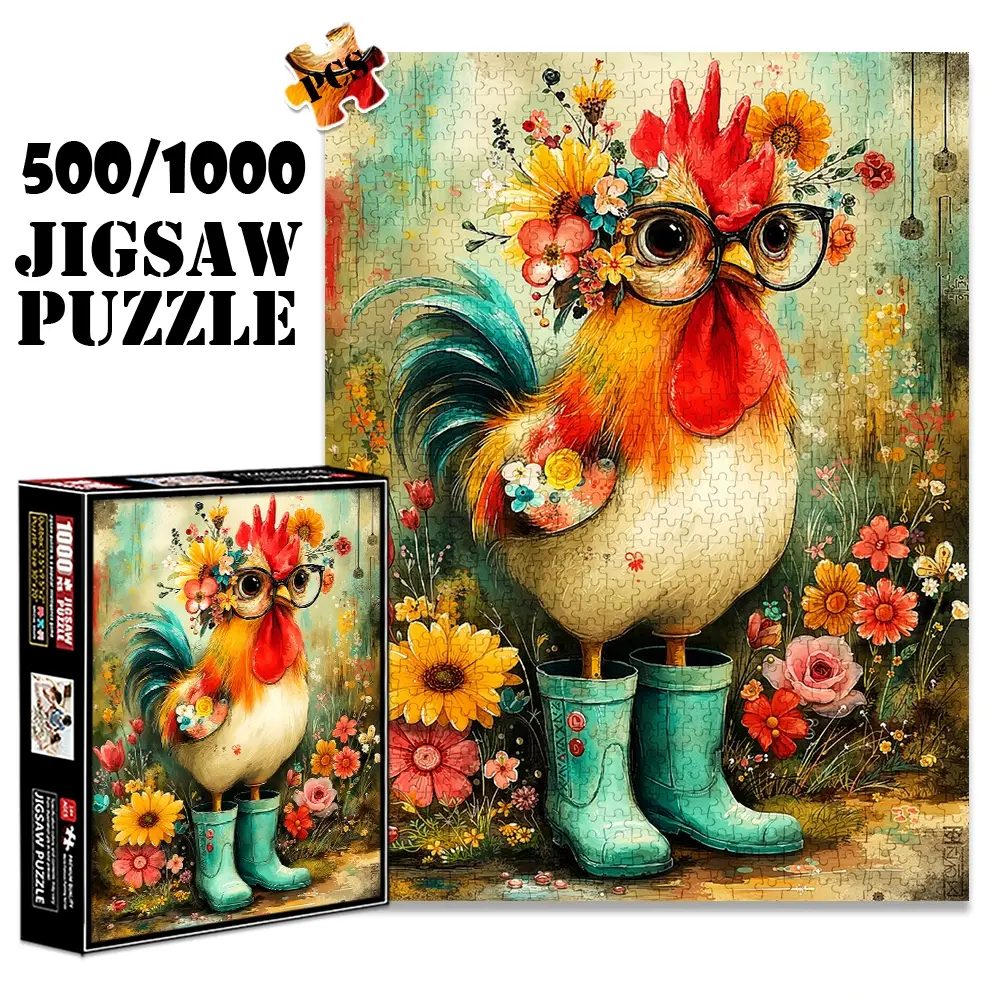 1pc 1000 piece adult puzzle 70x50cm Floral - Crowned Rooster with Glasses and Teal Rain Boots 500 pieces paper jigsaw puzzle suitable for DIY creative games for adults and families, birthday and h