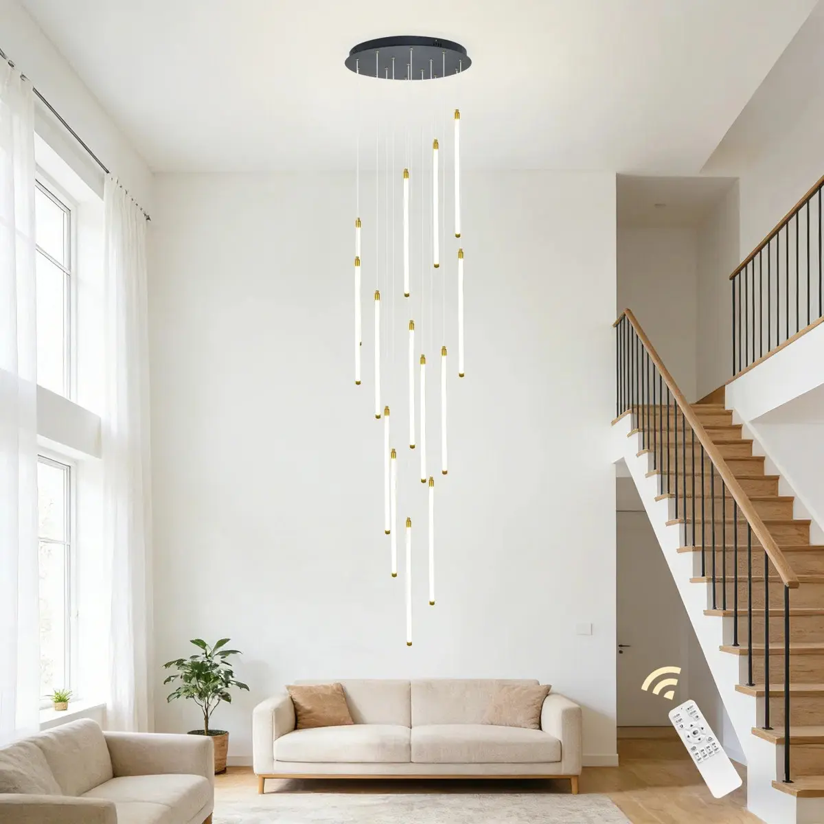 Garwarm Contemporary 15-Light LED Long Vertical Metal Acrylic High Ceiling Chandelier, Dimmable Indoor Home Lamp with Remote Control for Foyer, Living Room