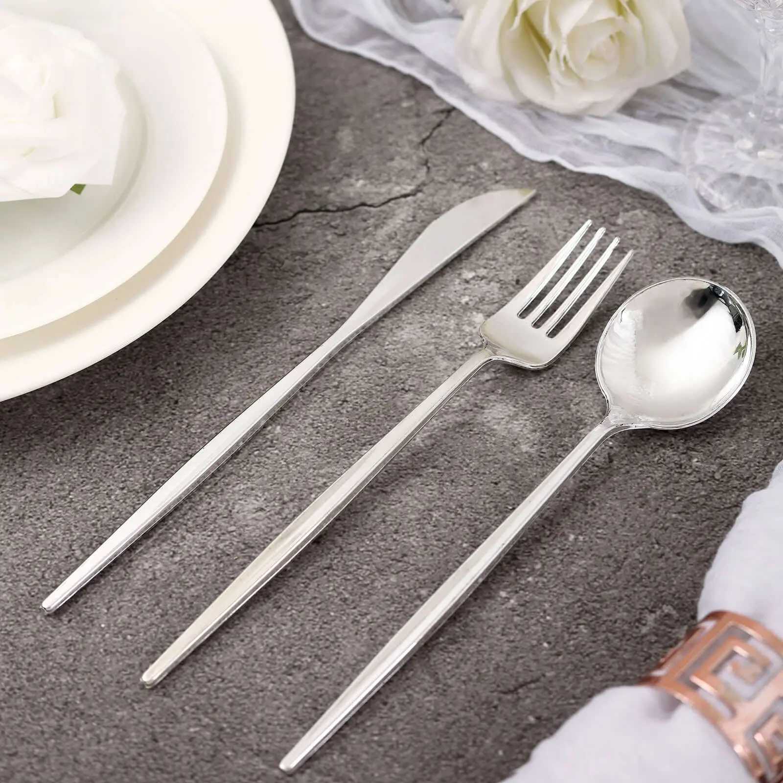 Silver 8-in Disposable Cutlery Set (24-Pack) - Sleek Modern Tableware, Premium Utensils with Spoons for Birthdays, Formal/Casual Dinners, Kitchenware Dinnerware Set