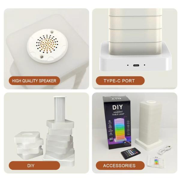 Stackable DIY Ambient Night Light with Remote Control, Color Changing Modular Table Lamp for Home Decor, 5 Brightness Levels RGB LED Bedside Light, Creative Puzzle Lamp with High Quality Speaker