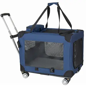 2 in 1, 28'' Collapsible Travel Dog Crate for Medium Large Dogs, Rolling Pet Carrier with Wheels, 3-Door Portable Folding Pet Kennel with Mesh Windows, Indoor Outdoor Travel Use, Dark Blue