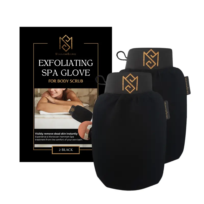 Exfoliating Glove Kessa Mitt Body Scrubber - Dead Skin Remover Shower Glove for Dead Skin Scrubbing and Deep Pore Cleansing - by MoroccanSource (2 Pack Black)
