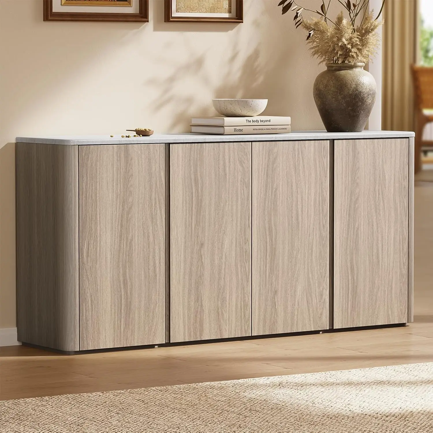ModernMate Sturdy Curved Corner Sideboard - 67" W x 15.5" D x 32.3" H, Grey Faux Travertine, 4 Sliding Doors, Adjustable Shelves, Durable Wood Storage Credenza, Assembly Required, Fire Safety Label, 154 lbs, for Living Room,Dining Room