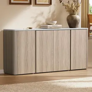 ModernMate 67" Sideboard Buffet Cabinet with Faux Travertine Texture, Modern Storage Credenza with 4 Doors and Adjustable Shelves, Wood TV Console Accent Cabinets for Living Room Dining Room, Grey