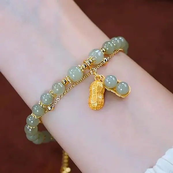 Natural Green Jade Beaded Bracelet for Women Men 14K Gold Plated Peanut Pendant Lucky Bracelet Handmade Vintage Adjustable Bangle Good Luck Amulet Jewelry Gift for Birthday Mother's Day