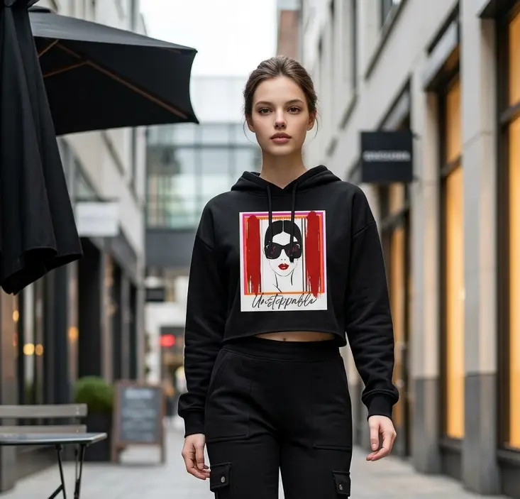 Womens graphic, cropped hoodie by DO. LOVE. BE. Apparel: Face with Sunglasses Color Design