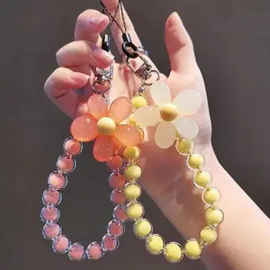 Handmade Macaron-Color Beaded Petal Phone Lanyard - Japanese-Korean Ins Style Charm Wrist Strap, Fashion Phone Accessories for Cellphones