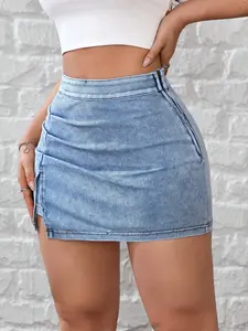 Elegant High-Waisted Split Denim Midi Skirt for Women, Sexy Spring & Fall Fashion, Plain Pattern Zipper Fly Design