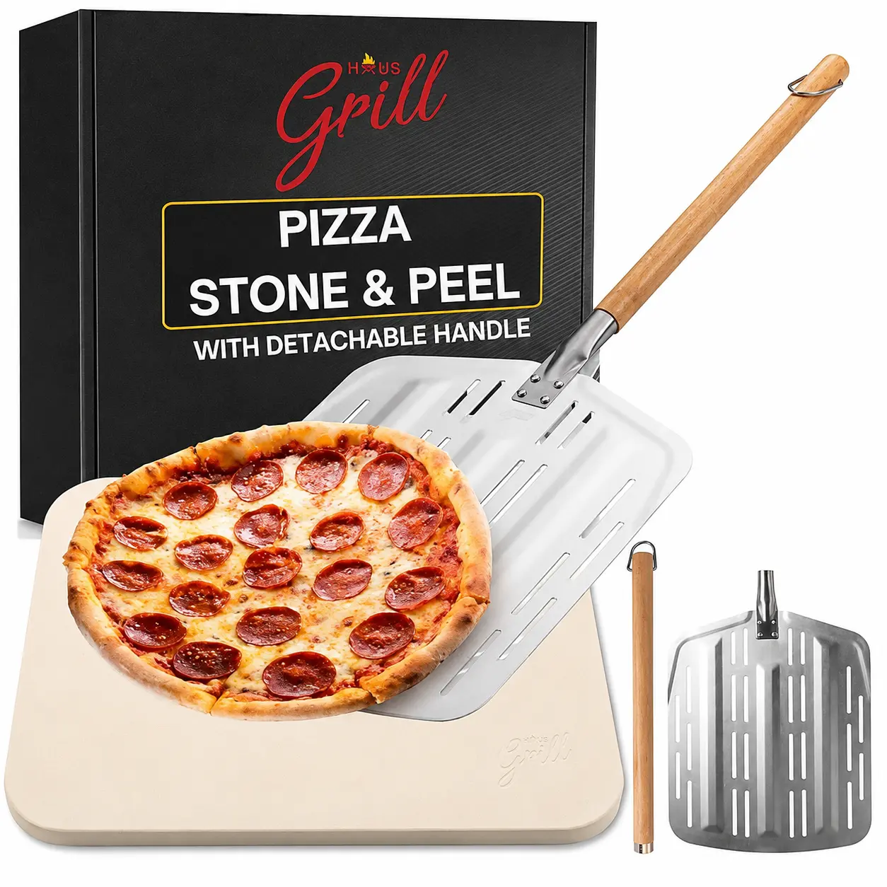 Hans Grill Pizza Stone PRO XL, Rectangular Baking Stone with Aluminium Peel