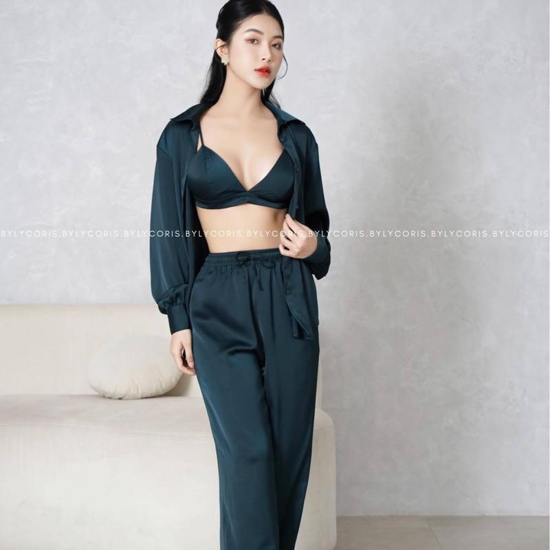 WASHABLE SILK SLEEPWEAR PAJAMAS SET - LUNA IN GREEN (COMBO)