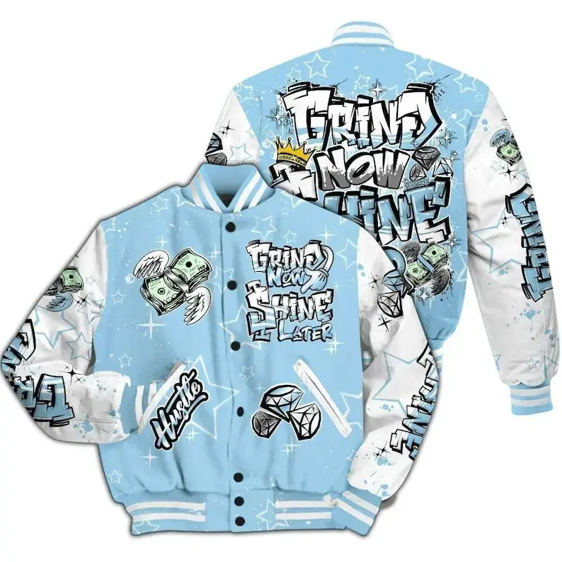 Legend Blue 11s Match Varsity Jacket, Grind Shine Later Printed Baseball Jacket, Unisex Baseball Jacket, Varsity Style Sport Coat, Casual Street Fashion