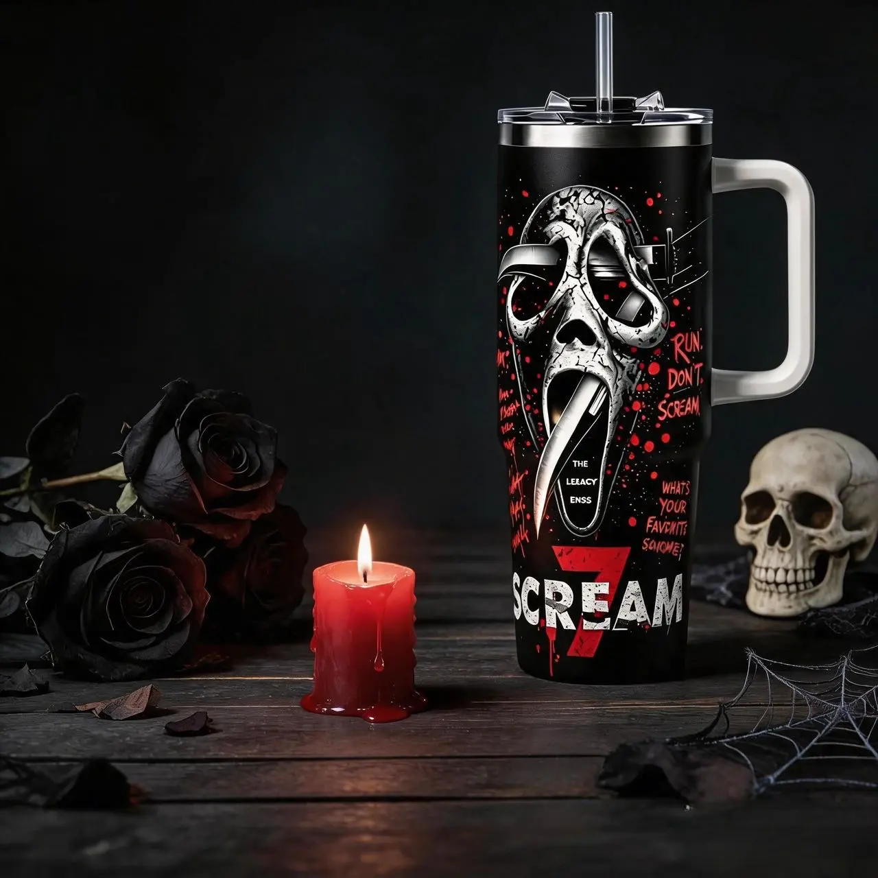 Scream Ghostface 40oz Insulated Tumbler with Handle & Straw Lid, Horror Movie Merch Stainless Steel Spill Proof Travel Coffee Cup for Halloween Fans