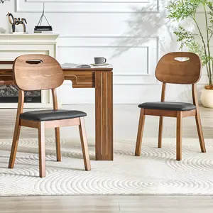 Set of 2 walnut Wood Dining Chairs , Mid Century Modern Accent Chairs with Breathable Grey Fabric Cushion & Hollow Back for Living Room Kitchen Home Office, Walnut