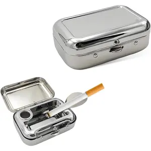 Mini Portable Ashtrays, Metal Pocket Dustproof Car Ash Tray with Lid, Compact Square Windproof Car Cigar Ashtrays, Decorative Cigarette Snuffers Ashtray for Car Home Office (Silver)