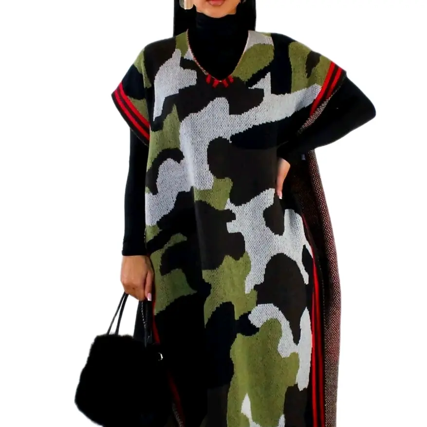 My way Camo Cardigan - Women's Short Sleeve Knitwear with Camouflage Pattern & Red Stripes for Casual Wear