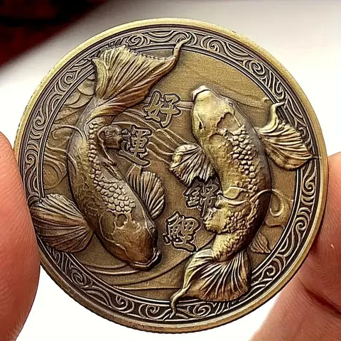 Lucky Koi Fish Design Coin, 1 Count Vintage Chinese Coin, Fengshui Ornament, Home Decor, Ideal Party Decor & Supplies