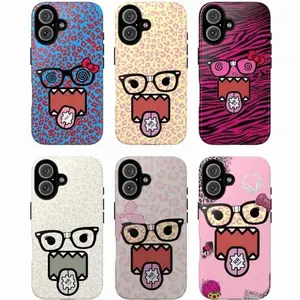 Cartoon Face Phone Case Set, Domo Phone Case spiral glasses leopard zebra bow headphones heart gear tongue pink yellow blue white vibes, baddie aesthetic gift play now, iPhone 17 16 15 14 13 12 Pro Max Plus