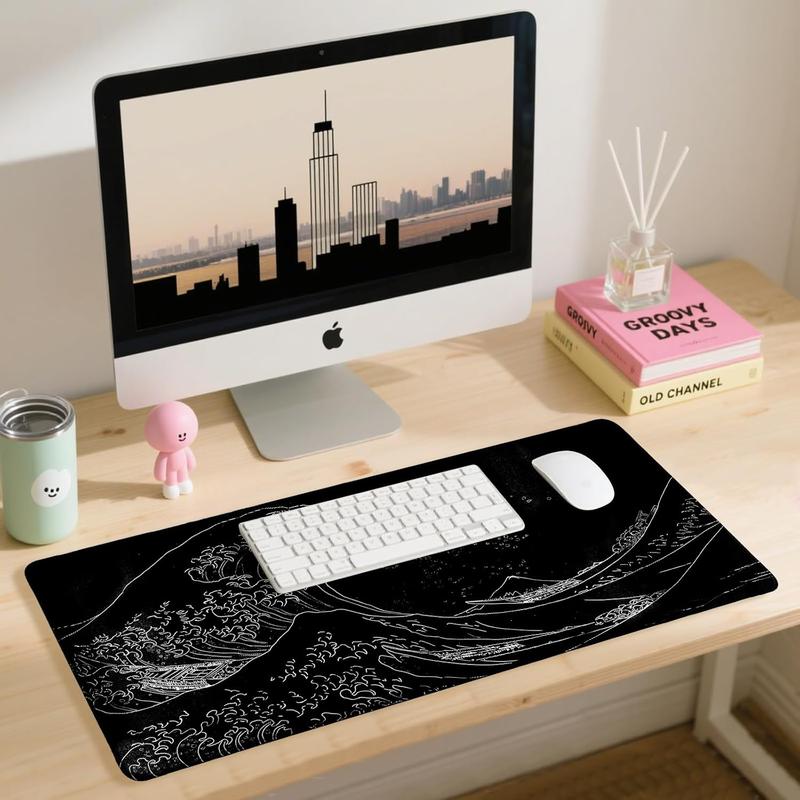 Japanese Sea Wave Gaming Mouse Pad, Anime Gaming Mousepad, Extended Kanagawa Mat Desk Mat, Large Desk pad 31.5x11.8 Inch 2mm Thick Long Non-Slip Rubber Base Mouse Pads (Black)