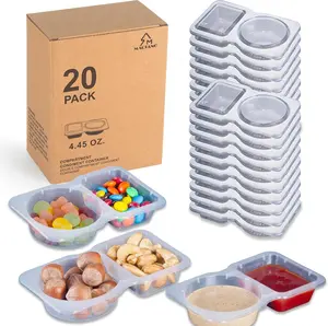 Seasoning box with lid, disposable double-compartment plastic container, suitable for sauces and snacks Dispenser