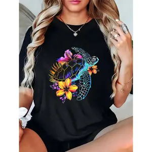 Women's Vibrant Sea Turtle Hibiscus Floral Graphic T-Shirt Summer Beach Casual Short Sleeve Top 100% Cotton T-shirt