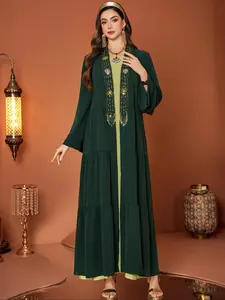 Deep Beaded Abaya Robe, Rhinestones, Fringe, Floral Embroidery, Perfect for Ramadan & Weddings, Elegant Women's Outerwear, Traditional Abaya, Abayas For Eid