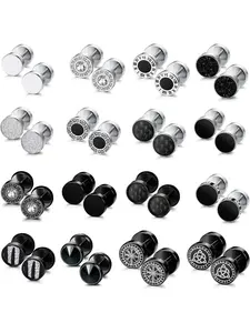 Cool 16 Pairs Black Silvery 316L Stainless Steel Stud Earrings for Men Women Sturdy Stylish Faux Ear Plug Punk Gauge Design Trendy Street Punk Vibe Secure Screw Flat Back Smooth Disc Shaped Studs for Daily Casual Wear Party Personality Trend Matching
