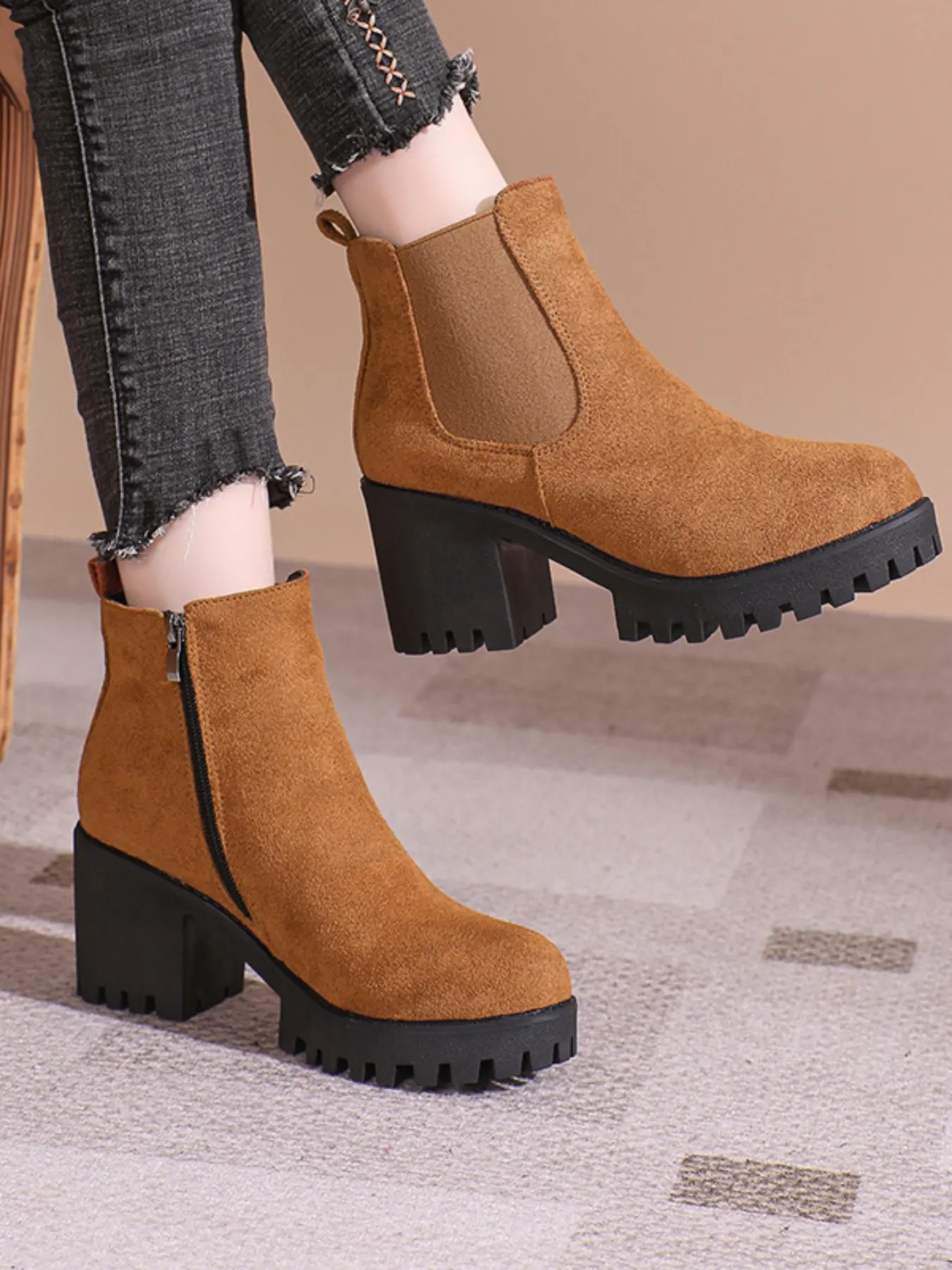 Women's Chelsea Boots, Elegant Boots, Simple Solid Color Slip-On Comfortable Fabric Shoes, Chunky High Heels, Thick Heeled Boots, All-Season Winter Footwear