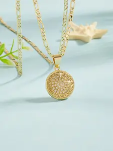 Luxury Hip Hop Round Arc Top Medal Pendant Necklace, Gold Plated Punk Jewelry, Unisex Copper Chain, Perfect Gift for All Seasons