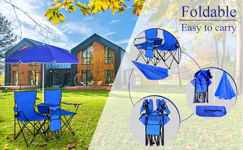COSTWAY Double Portable Picnic Chairs, Folding Camping Chairs w/Detachable Umbrella, Cooler Bag, Cup Holders, Patio Beach Camping Chairs for Outdoors-Back to School COSTWAY Double Portable Picnic Chairs, Folding Camping Chairs w/Detachable Umbrella, Cooler Bag, Cup Holders, Patio Beach Camping Chairs for Outdoors-Back to School