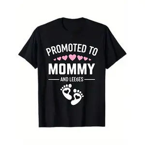 Promoted to Mommy & Legs T-Shirt - Funny Pregnancy Announcement Gift for Women |   New Mom Baby Shower Present |   Unisex-Fit Black Short Sleeve Crewneck Tee with Footprints & Hearts Graphic Print |   Soft Stretch -Like Fabric |   All-Season Casual Wear f