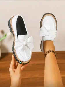 Women's Bowknot Loafers, Thick Sole PU Leather Shoes, Chunky Heel Design, All-Season Comfortable Footwear, Modest Style