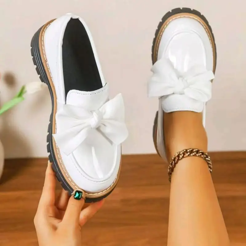 Women's Bowknot Platform Loafers, Thick-Sole PU Leather Slip-On Walking Shoes with Chunky Flatform Design, Comfortable All-Season Casual Footwear