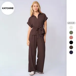KatchMe Women's Versatile Collared Rolled-Up Short Sleeve Top & Wide Leg Trousers Co-ord, Holiday Outfits for Spring & Summer, Comfortable Womenswear