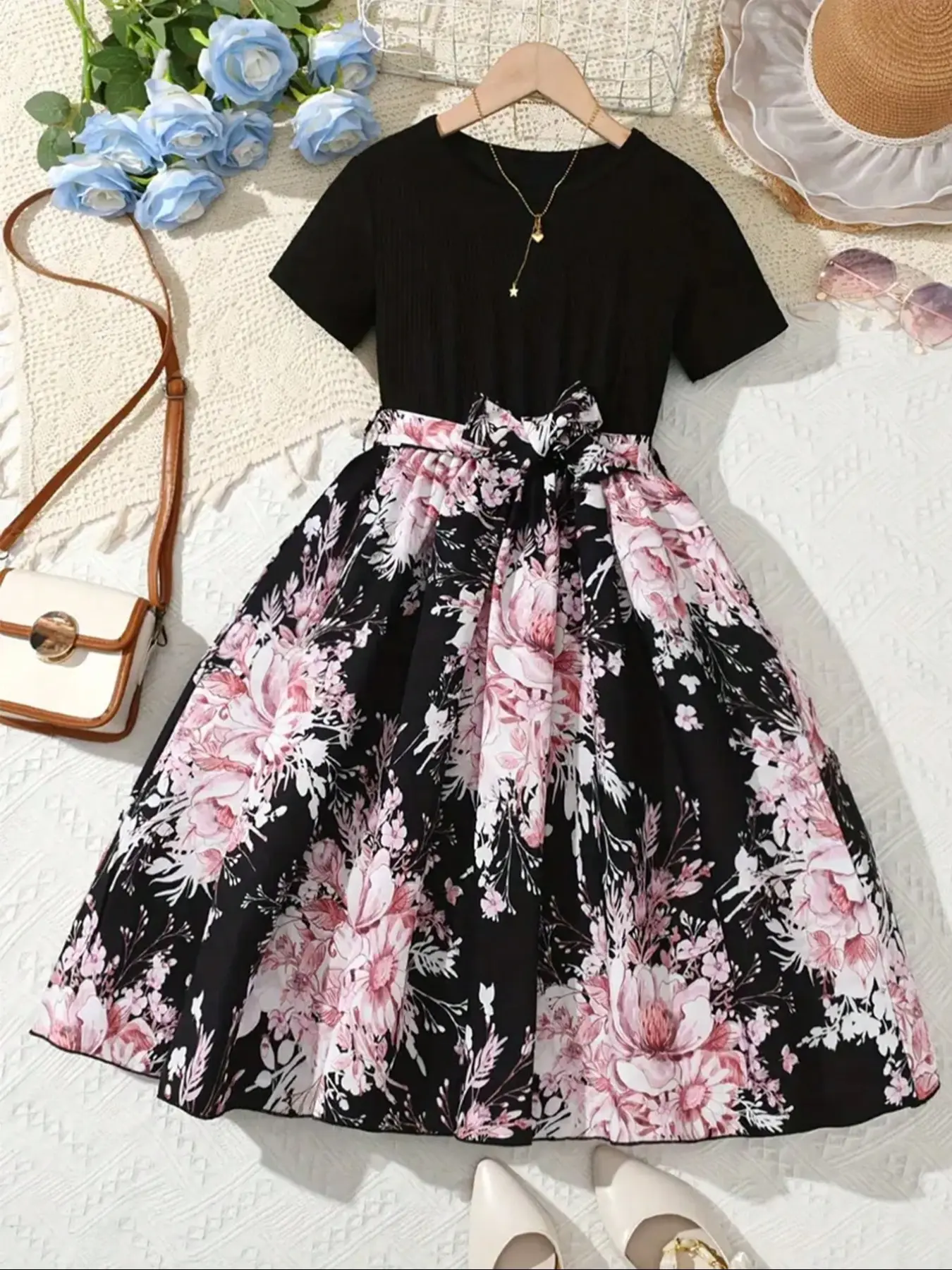Sweet Girls Splicing Flower Print Short Sleeve Dress, Casual Floral Dresses For Summer Gift - TikTok Shop Sweet Girls Splicing Flower Print Short Sleeve Dress, Casual Floral Dresses For Summer Gift - TikTok Shop