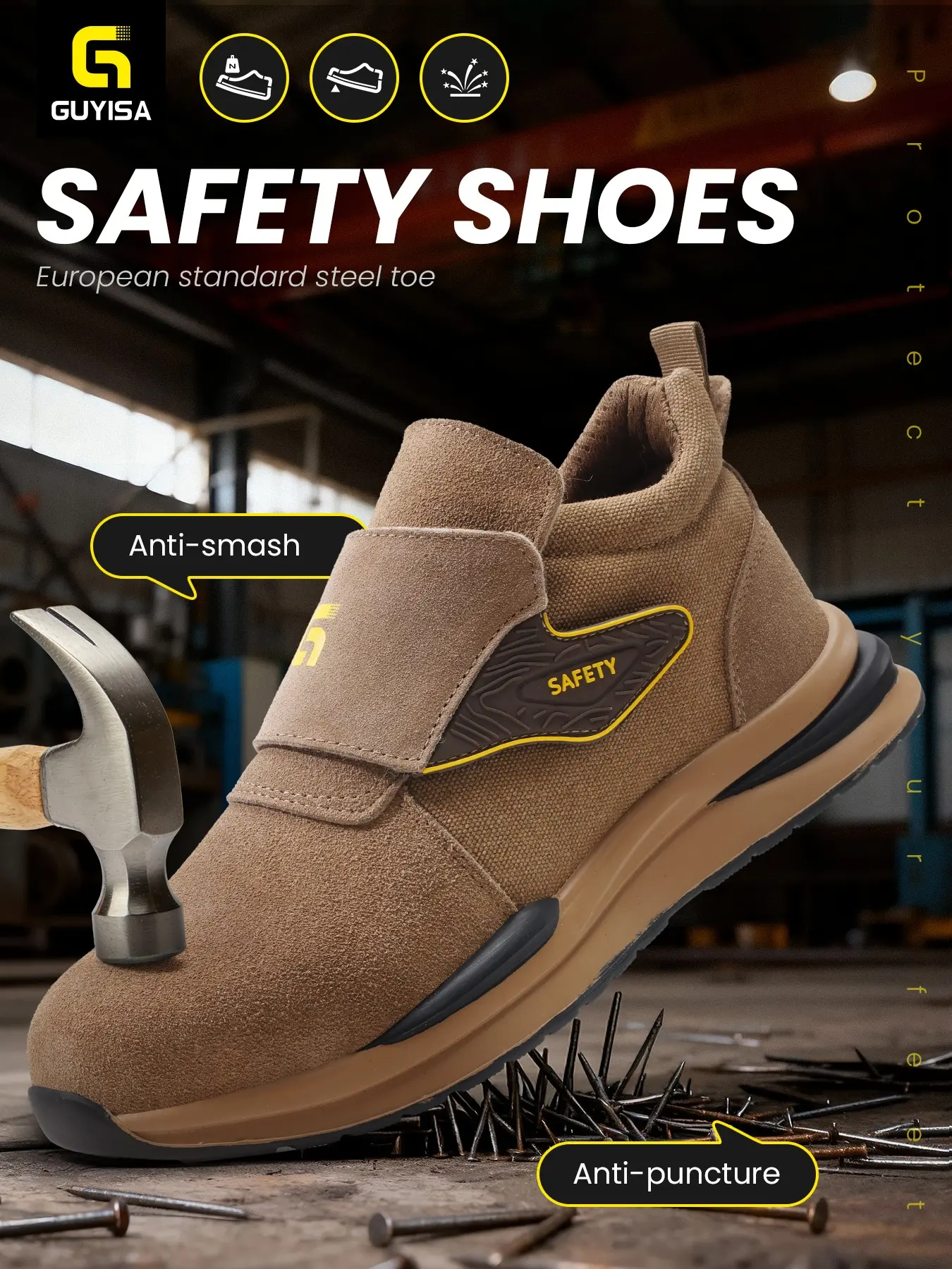 Men's Safety Shoes, Worker Welding Boots Work Protective Shoes Fireproof Anti-Scald Anti-Puncture Steel Toe Velcro Easy Wear Breathable Kevlar Sole Work Shoes