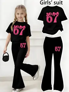 Valentine's Day Bow & Six Seven Print Set, Girls Casual Sporty Short Sleeve and Bell Bottoms, Comfortable Elastic Waist Pants, Clothing Sets