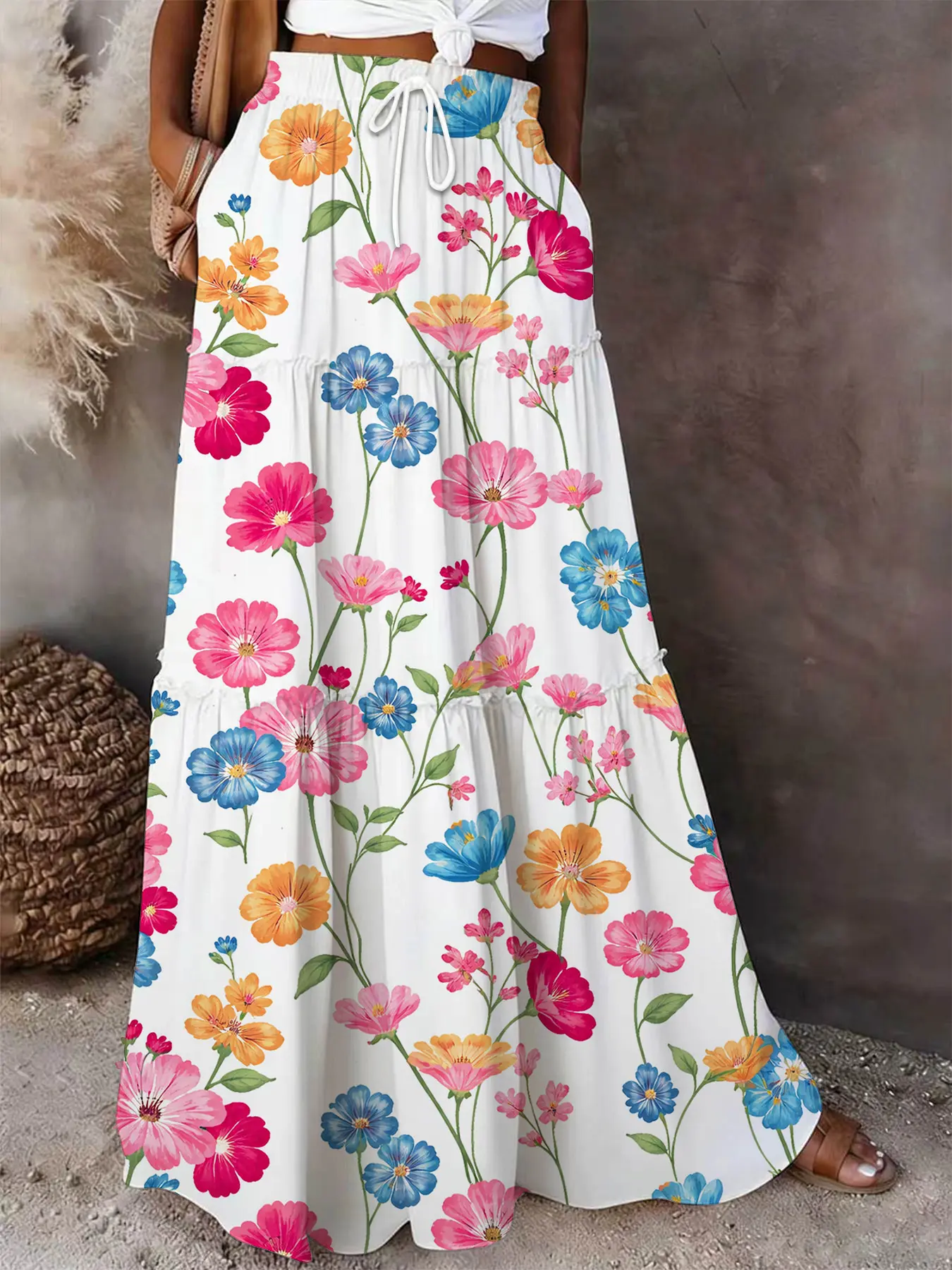 Vibrant Colorful Floral Print Maxi Skirt | Women Boho Skirts Bohemian Summer Tiered Skirt