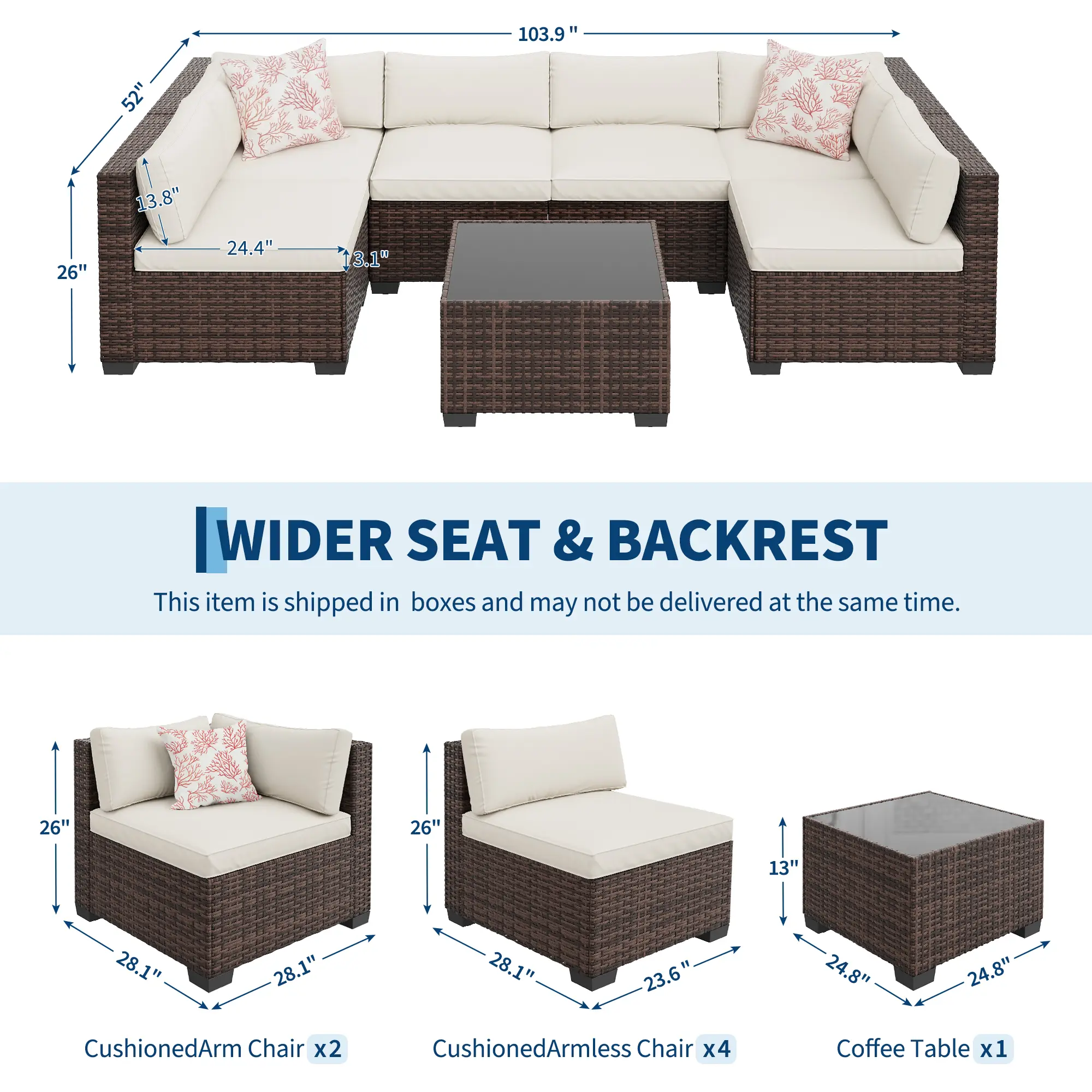 7-Piece Modern Outdoor Sectional Sofa Set - Durable Iron Frame, Brown Gradient Wicker, Deep Soft Beige Cushions - Outdoor Conversation Set with Storage Table & Ottoman - Ideal for Garden, Balconies