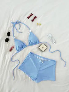 Sweet Style Blue Plaid Halter Triangle Swimsuit Set, Bowknot Accent Bikini Bottoms, Perfect for Vacation Wear