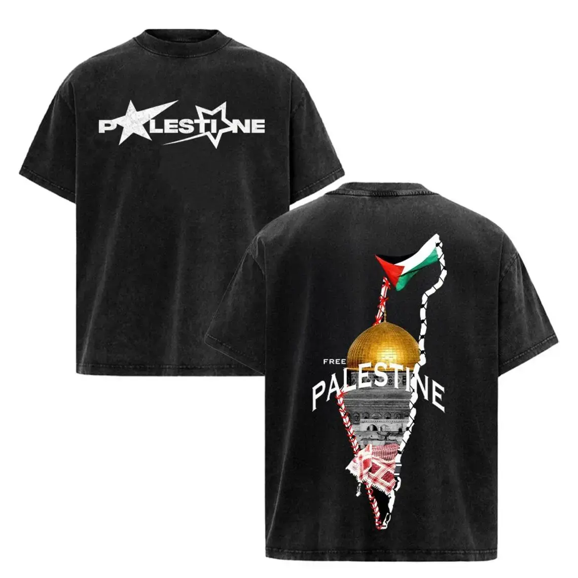 Menswear Palestine Freedom Solidarity Washed T-Shirt - Vintage Oversized Double-Sided Graphic Men's Short-Sleeve Top