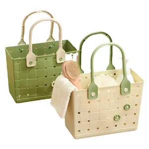 1pc Multi-Purpose Stylish Handheld Beach Bag, Waterproof Plastic Storage Basket, Portable Household Shopping Basket, Bathroom Organizer, Soft Handle Tote Bag, Outdoor Picnic Basket, Lightweight Practical Utility Bag