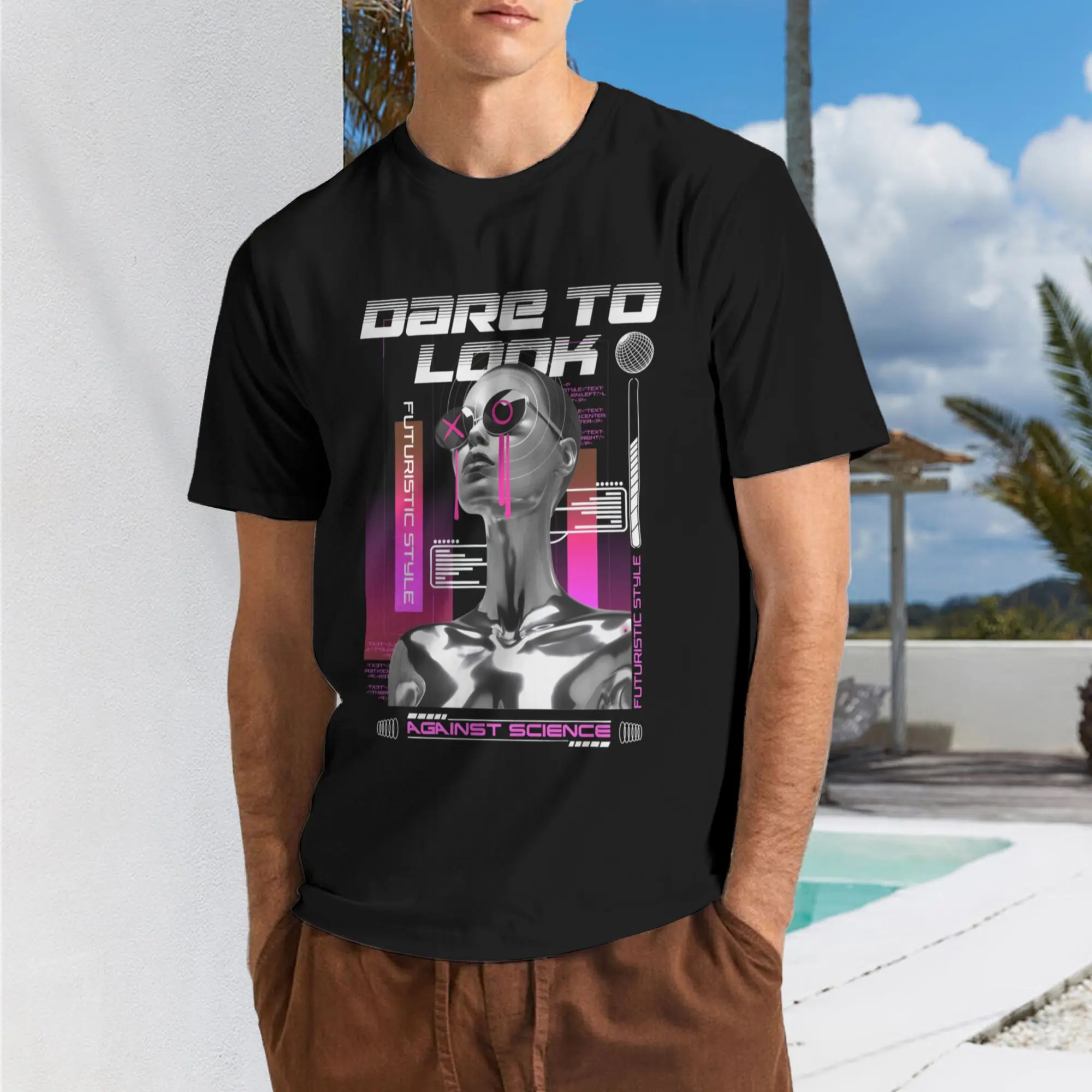 Dare To Look Chrome Cyber Woman Futuristic Tee Pink Tech Panel Print Cyberpunk Mens Streetwear T-Shirt #CyberpunkTee #ChromeAesthetic #FuturisticTee #TechFashion