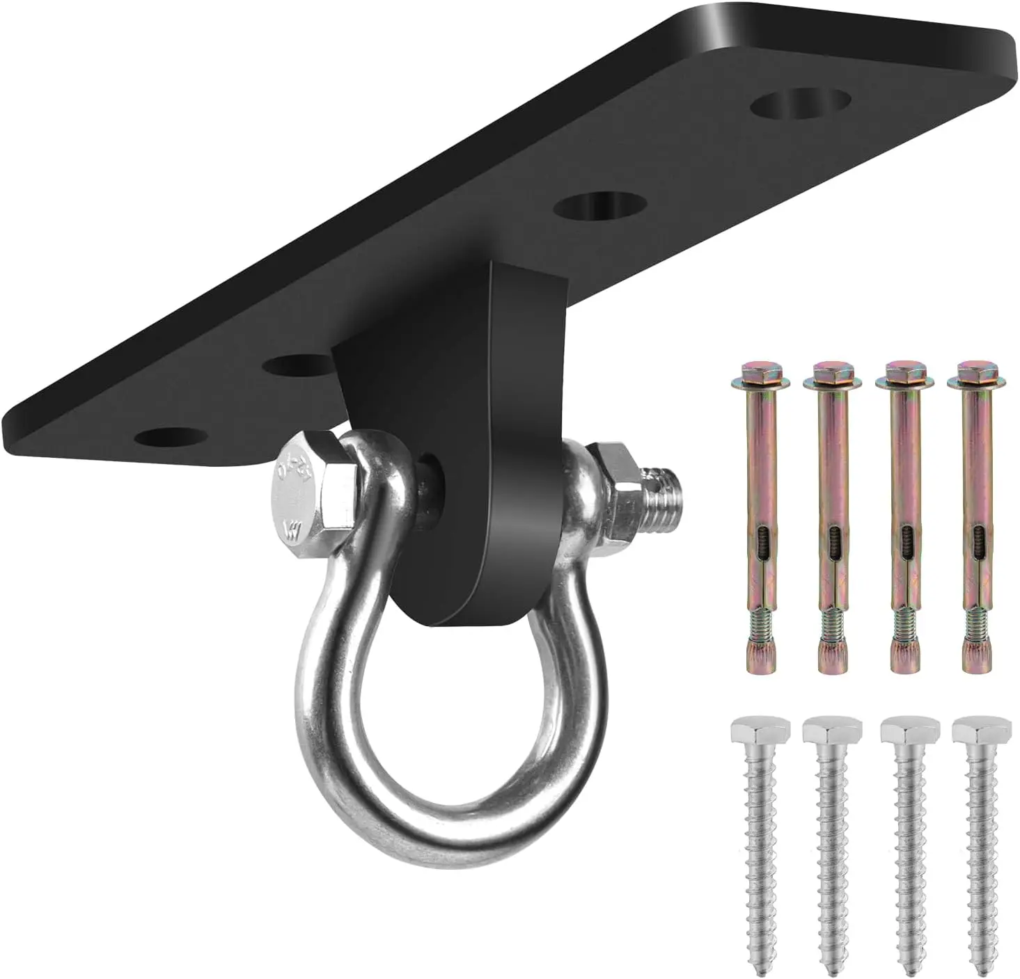 Heavy Bag Hangers Brackets, Heavy Duty Swing Hangers, Swing Set Accessorie for Indoor Outdoor Playground, with 4 Wood Screws and 4 Expansion Bolts (Black, 4 Holes Ceiling Anchor)